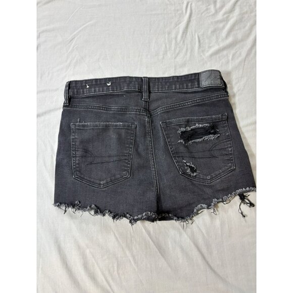 American Eagle Women’s Black Denim Shorts Sz 8 Super Stretch Cut-Off Distressed - Picture 2 of 6